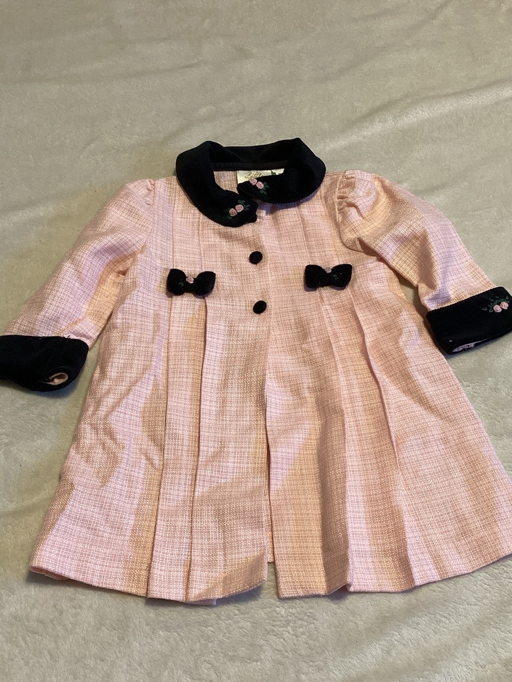 Girls Pink Tweed Pea Dress with Black Trim
